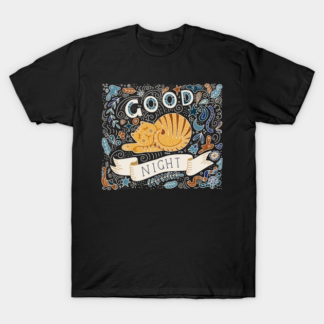 good night sleeping cat hand drawn T-Shirt by Mako Design 